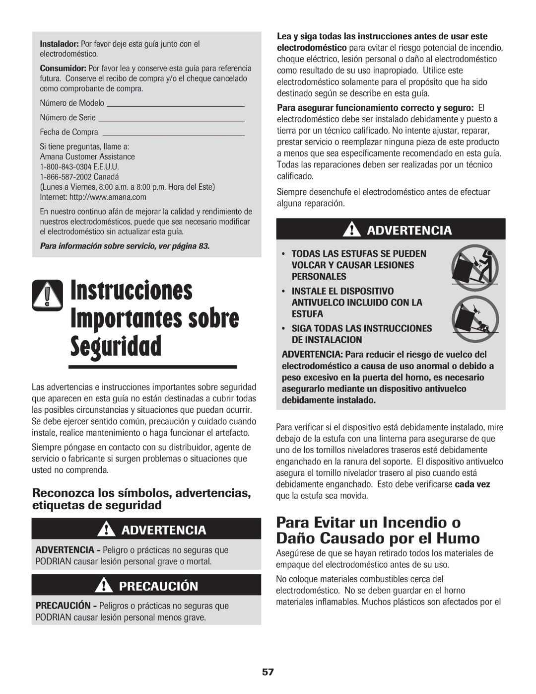 Amana 8113P454-60 warranty Para Evitar un Incendio o Daño Causado por el Humo, Fecha de Compra, Canadá 