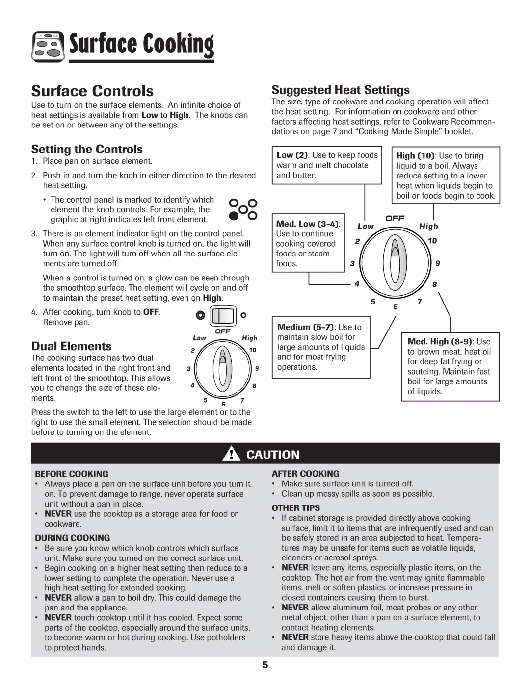 Amana 8113P454-60 warranty Surface Cooking, Surface Controls, Suggested Heat Settings, Setting the Controls, Dual Elements 