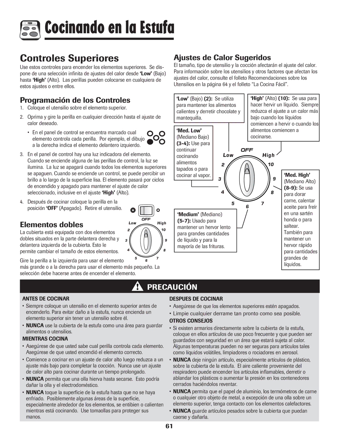 Amana 8113P454-60 Cocinando en la Estufa, Controles Superiores, Ajustes de Calor Sugeridos, Programación de los Controles 