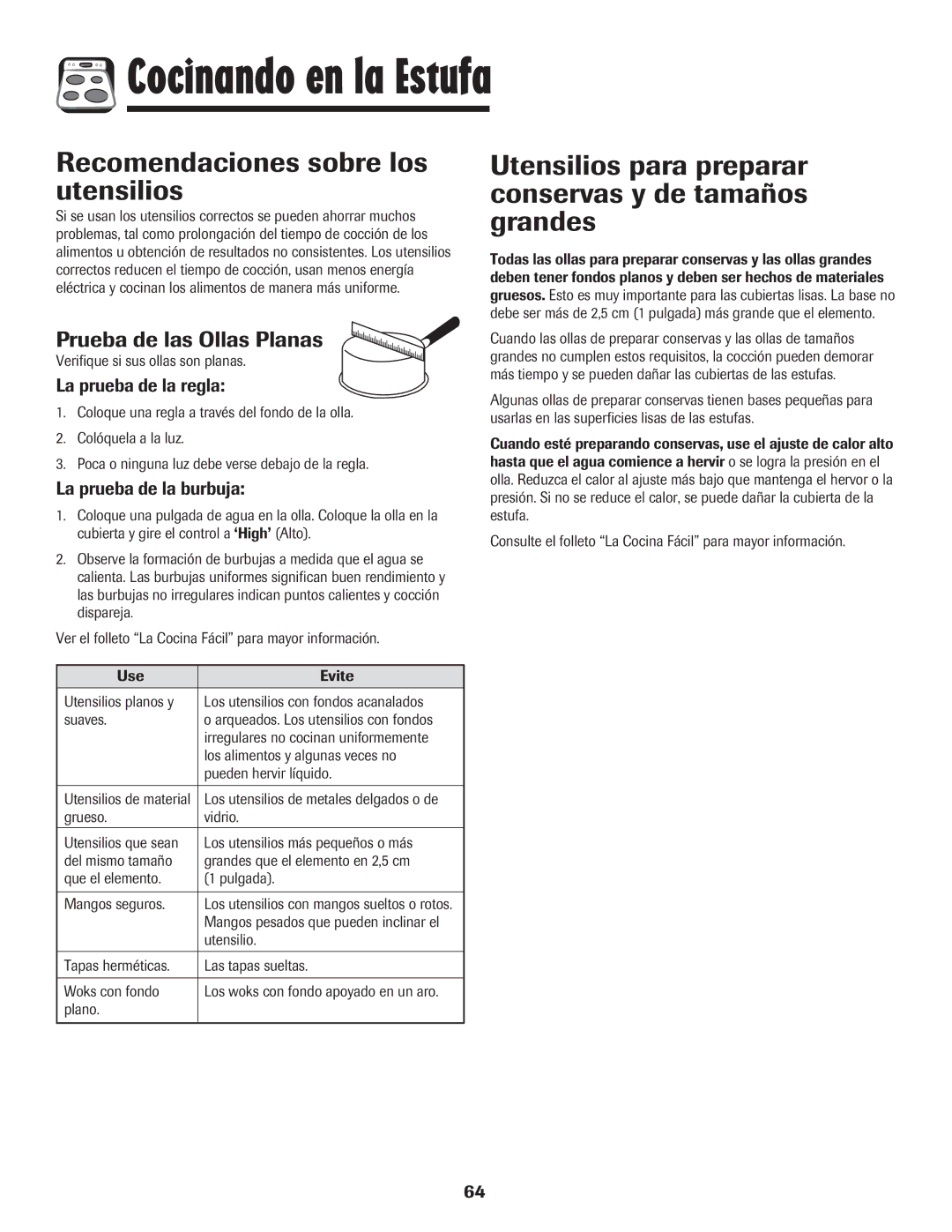 Amana 8113P454-60 warranty Recomendaciones sobre los utensilios, Utensilios para preparar conservas y de tamaños grandes 