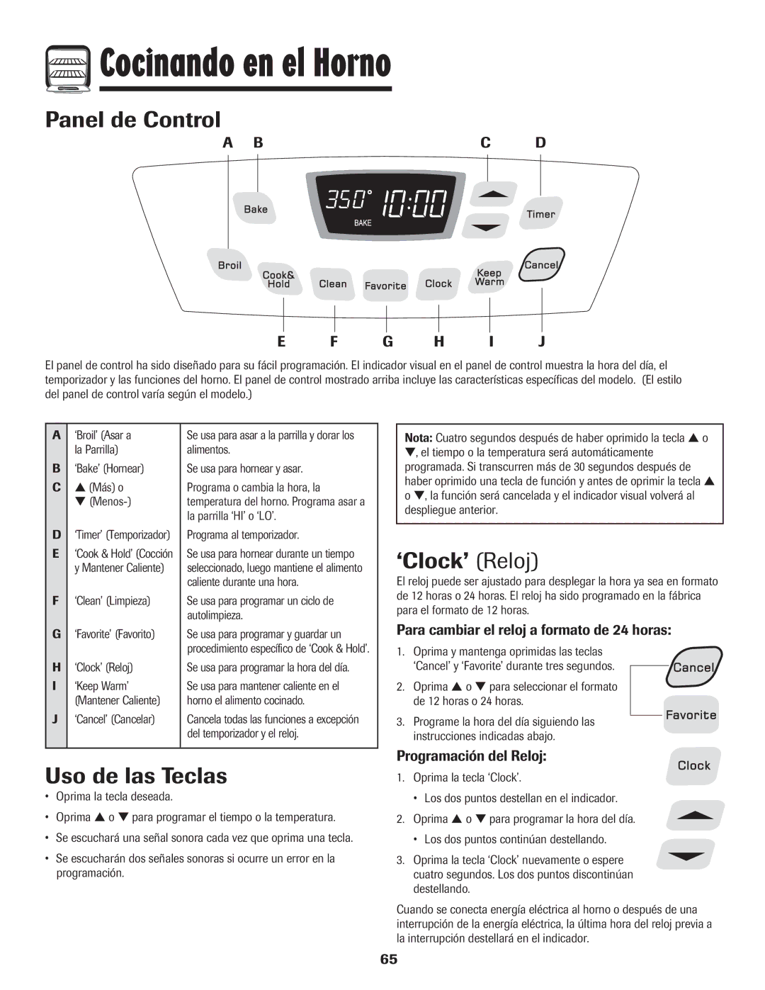 Amana 8113P454-60 warranty Cocinando en el Horno, Panel de Control, Uso de las Teclas, ‘Clock’ Reloj 