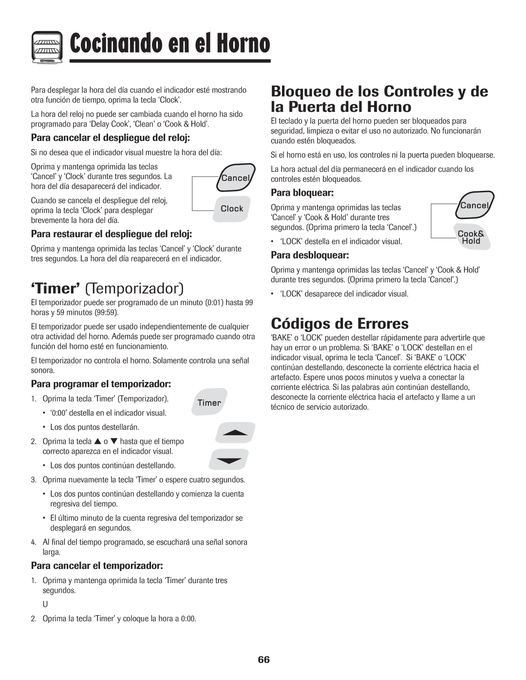 Amana 8113P454-60 warranty ‘Timer’ Temporizador, Bloqueo de los Controles y de la Puerta del Horno, Códigos de Errores 