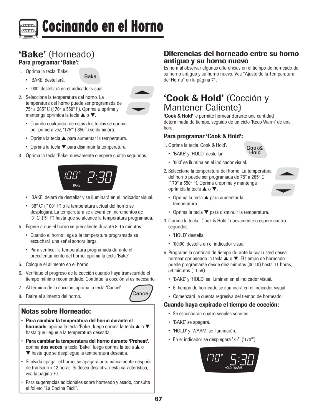 Amana 8113P454-60 warranty ‘Bake’ Horneado, ‘Cook & Hold’ Cocción y Mantener Caliente, Notas sobre Horneado 