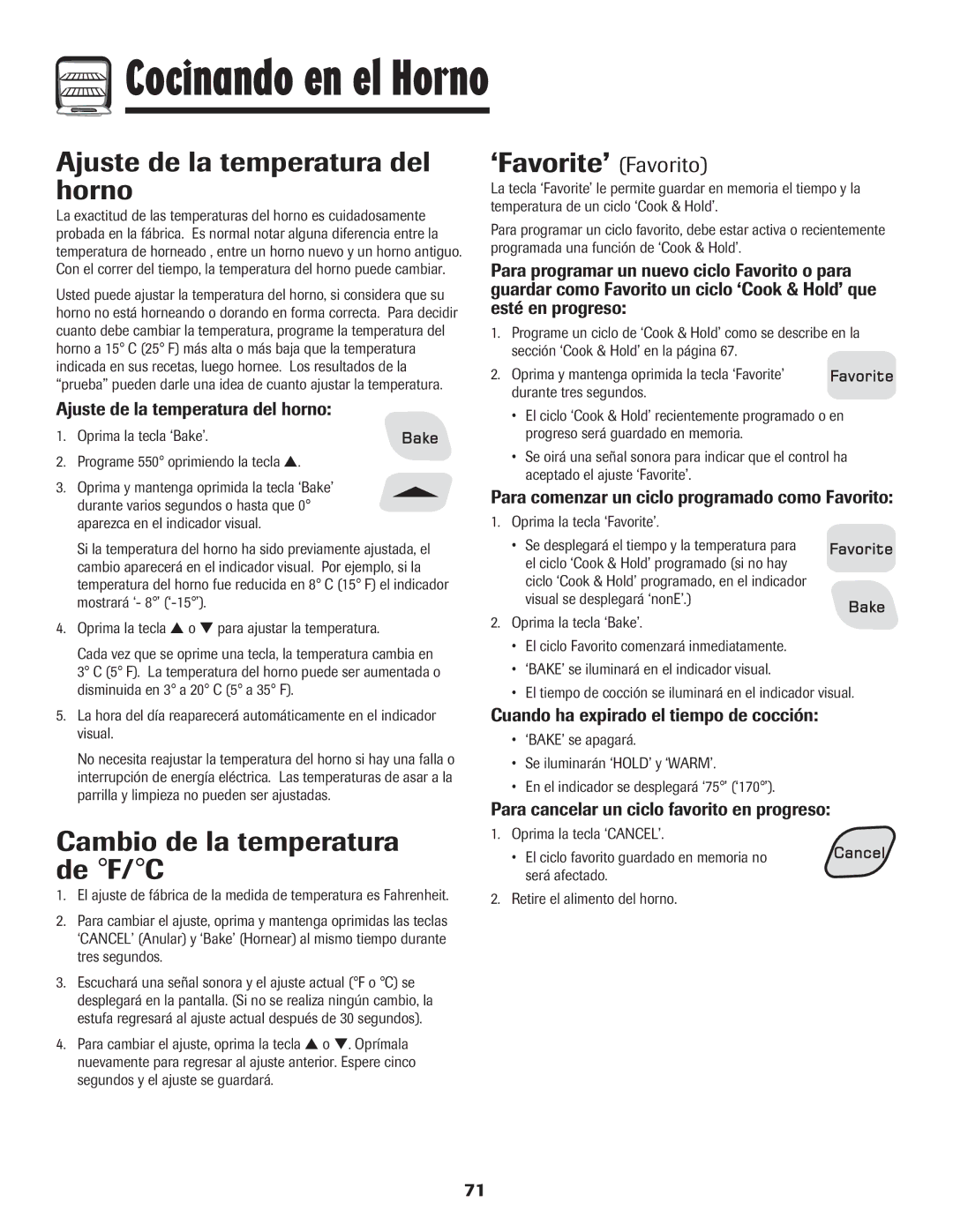 Amana 8113P454-60 warranty Ajuste de la temperatura del horno, ‘Favorite’ Favorito, Cambio de la temperatura de F/C 