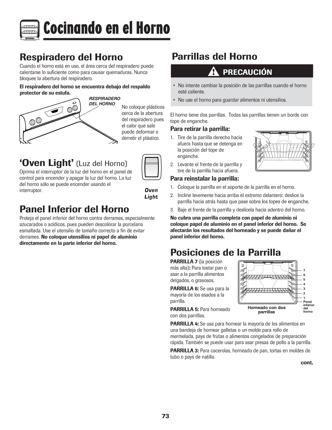 Amana 8113P454-60 warranty Respiradero del Horno, Parrillas del Horno, Panel Inferior del Horno, Posiciones de la Parrilla 