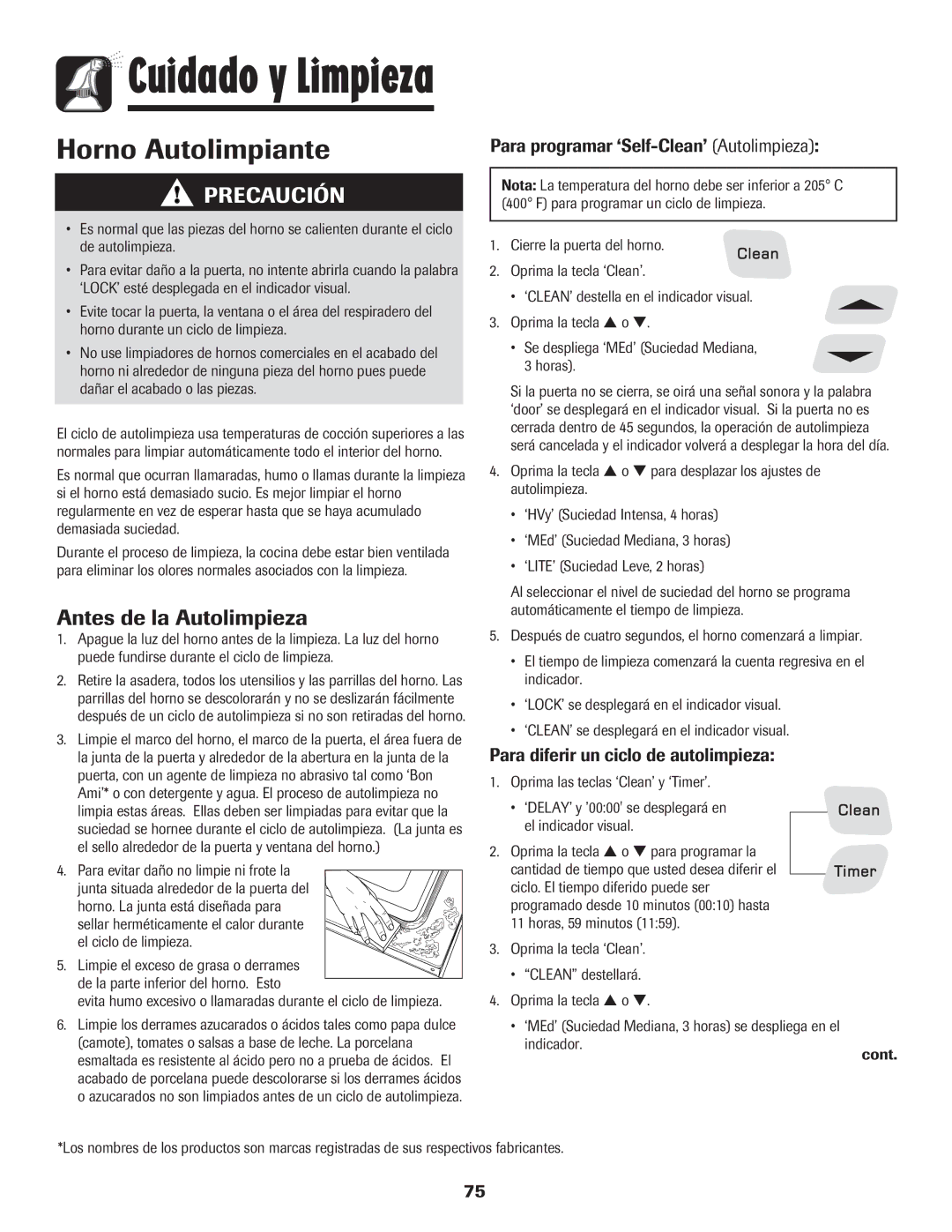 Amana 8113P454-60 Antes de la Autolimpieza, Para programar ‘Self-Clean’ Autolimpieza, Oprima las teclas ‘Clean’ y ‘Timer’ 