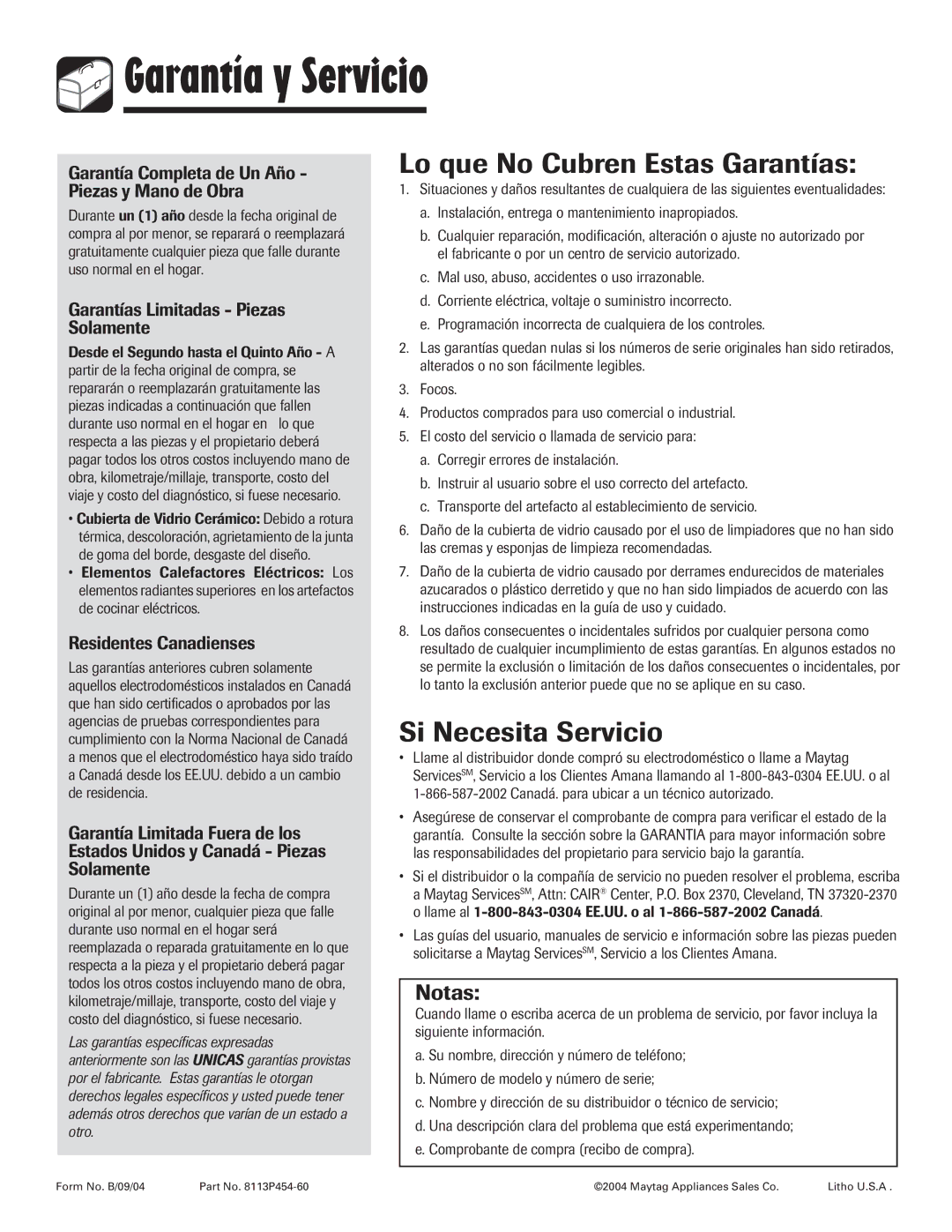 Amana 8113P454-60 warranty Garantía y Servicio, Lo que No Cubren Estas Garantías, Si Necesita Servicio 