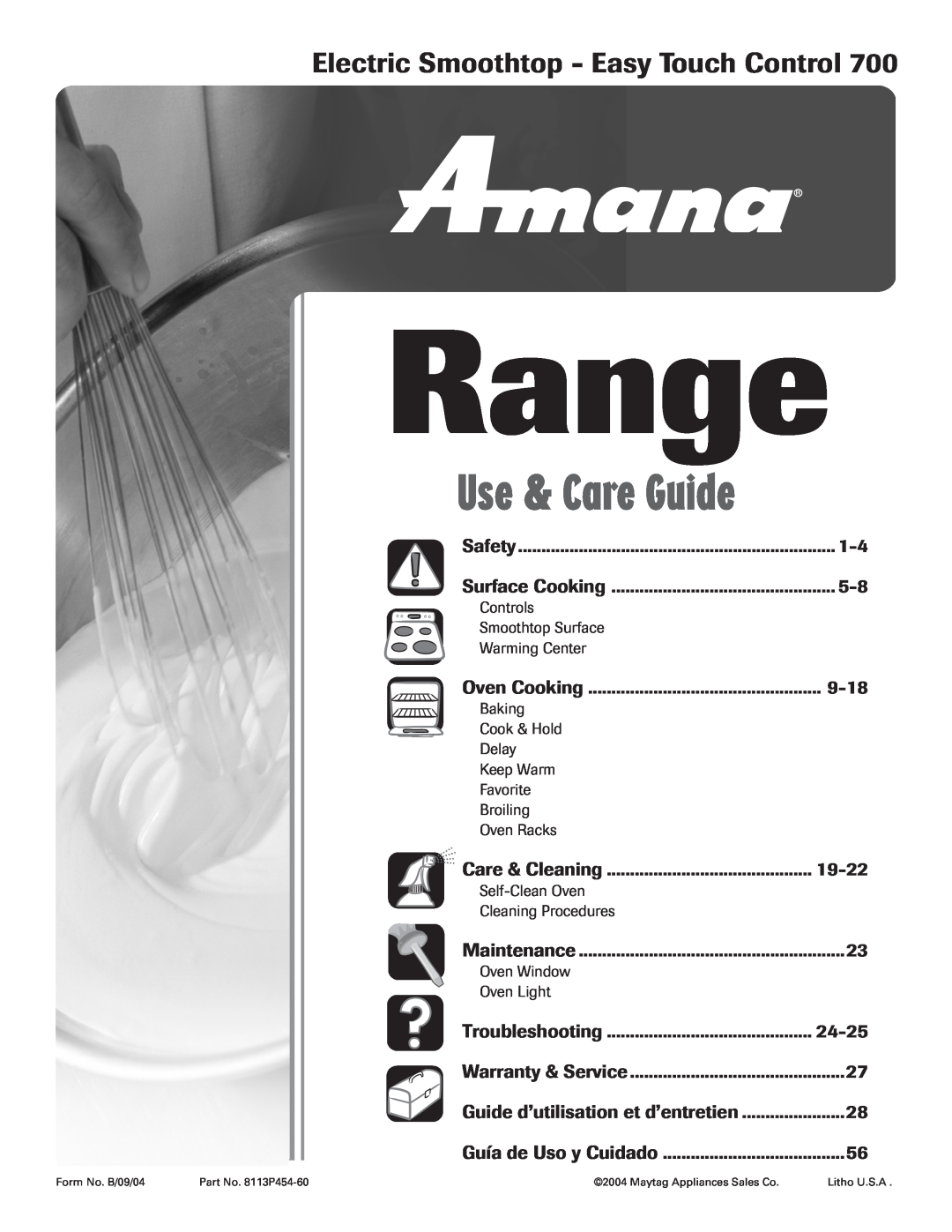 Amana 8113P454-60 warranty Range, Electric Smoothtop - Easy Touch Control, Oven Cooking, 9-18, Care & Cleaning, 19-22 