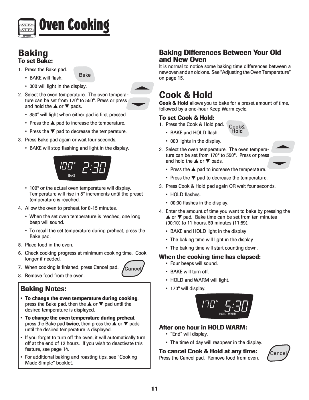 Amana 8113P454-60 warranty Cook & Hold, Baking Notes, Baking Differences Between Your Old and New Oven, To set Bake 