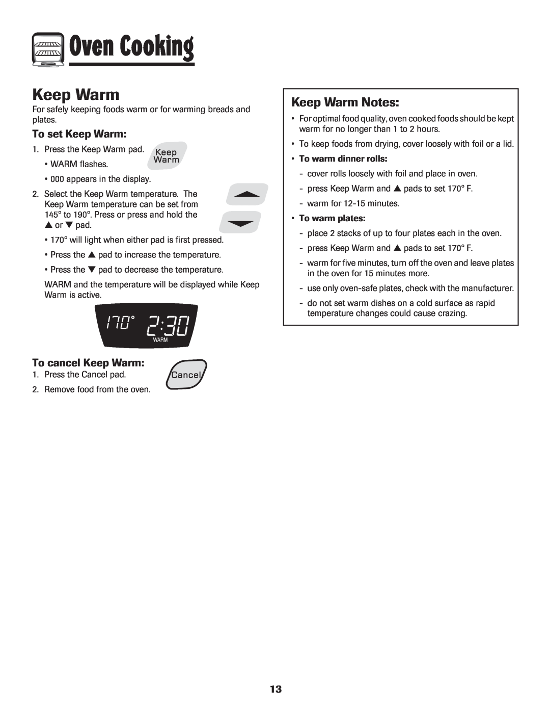 Amana 8113P454-60 warranty Keep Warm Notes, To set Keep Warm, To cancel Keep Warm, Oven Cooking 