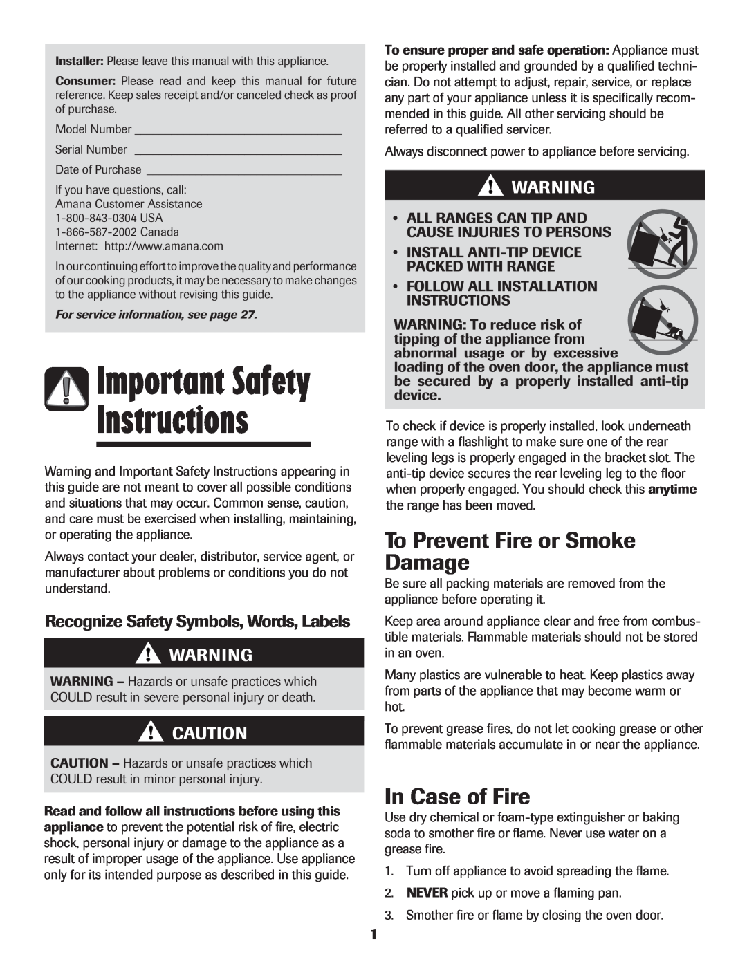 Amana 8113P454-60 warranty Instructions, Important Safety, To Prevent Fire or Smoke Damage, In Case of Fire 