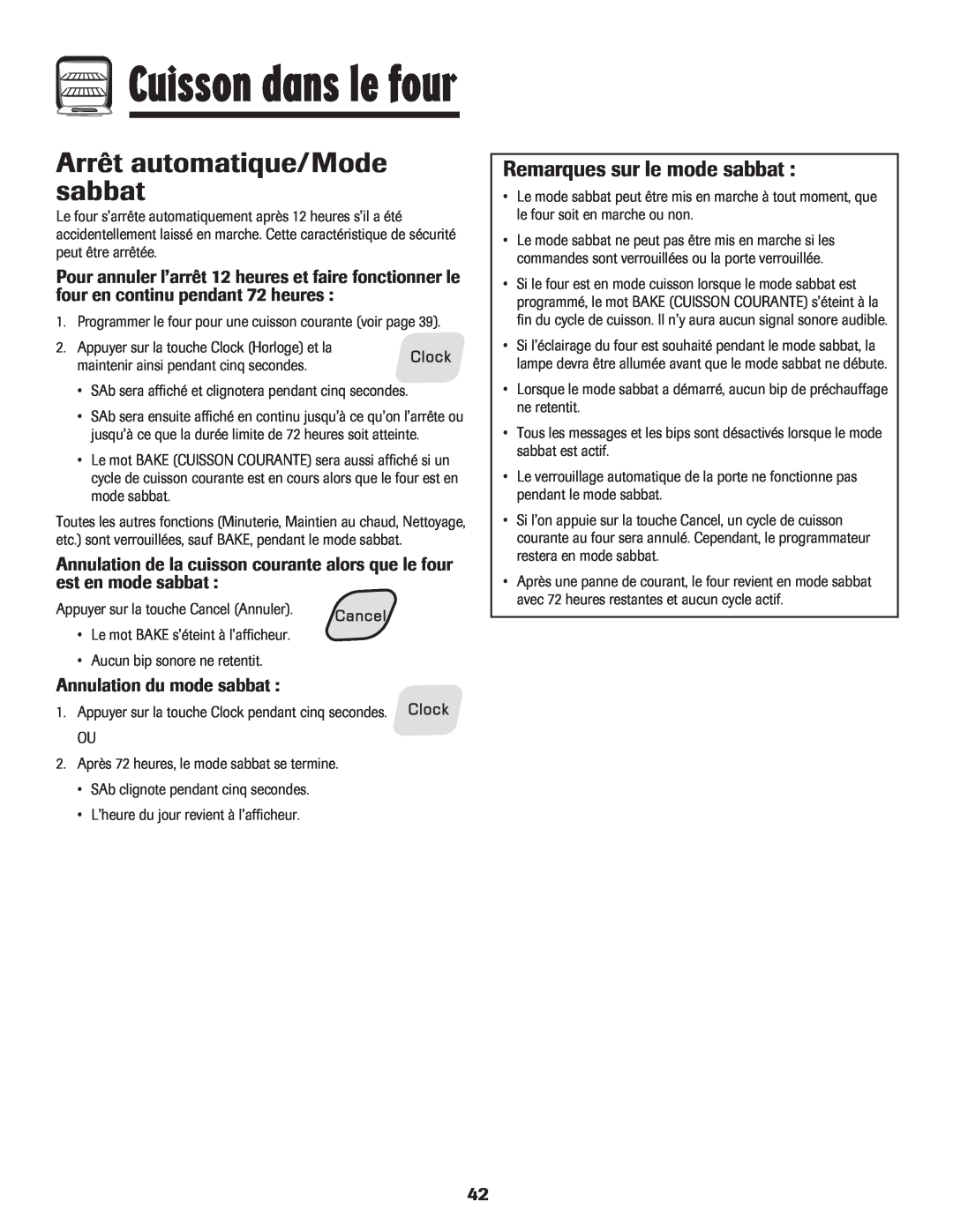 Amana 8113P454-60 warranty Arrêt automatique/Mode sabbat, Remarques sur le mode sabbat, Annulation du mode sabbat 
