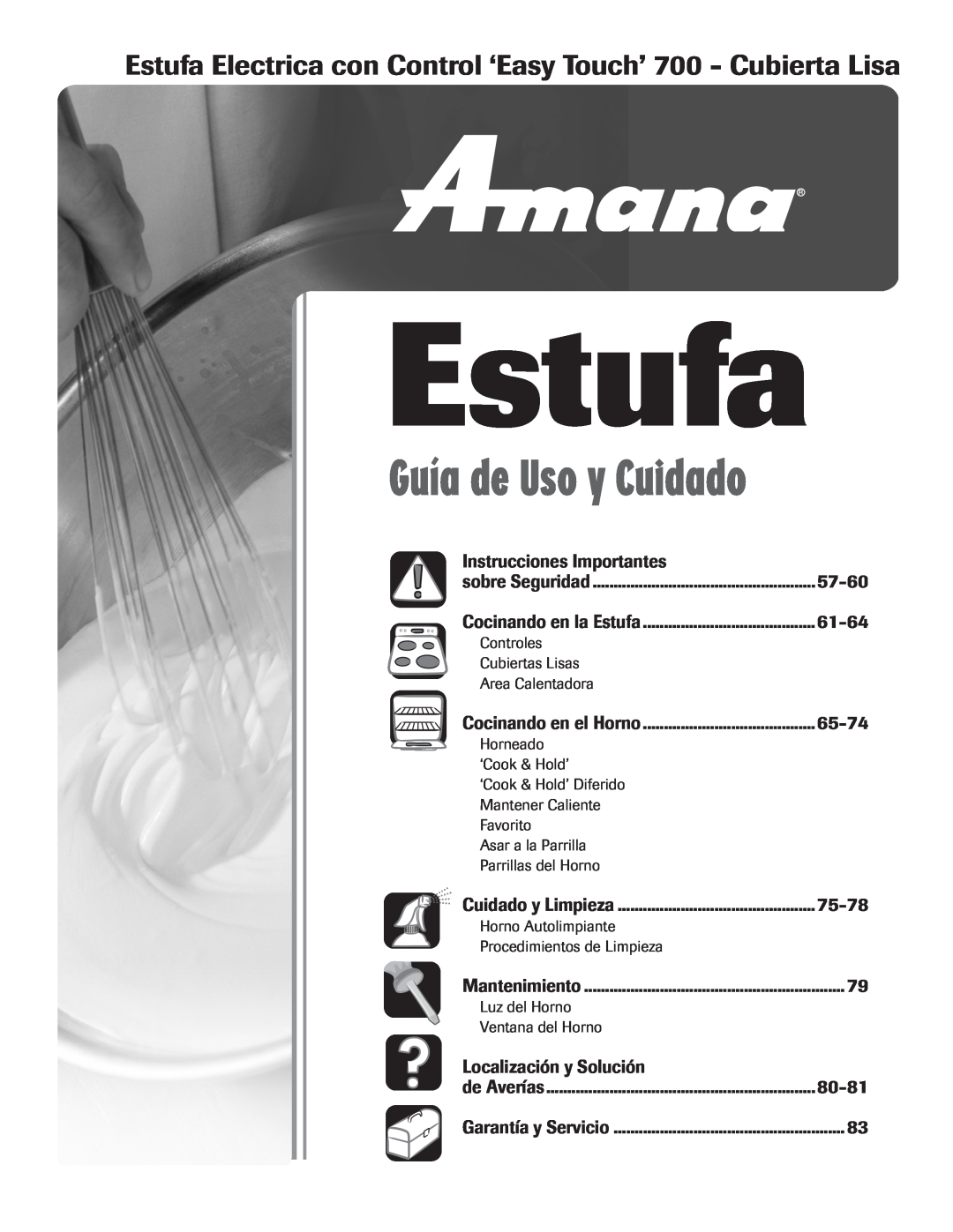 Amana 8113P454-60 warranty Estufa, Instrucciones Importantes, 57-60, 61-64, 65-74, 75-78, Localización y Solución, 80-81 