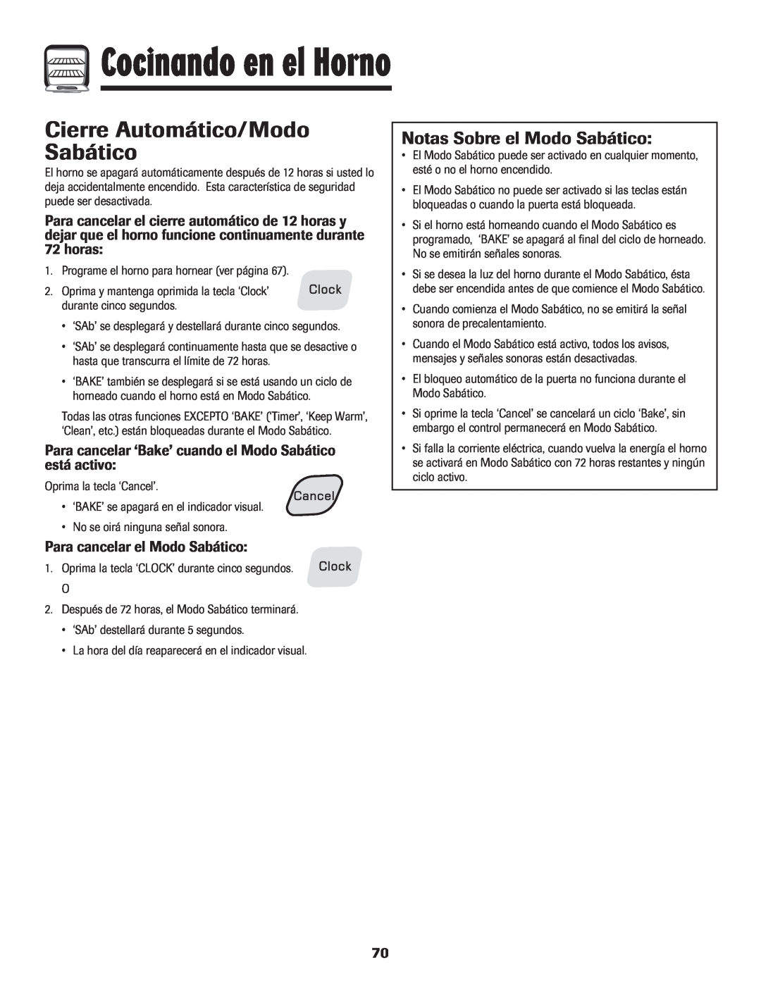 Amana 8113P454-60 Cierre Automático/Modo Sabático, Notas Sobre el Modo Sabático, horas, Para cancelar el Modo Sabático 