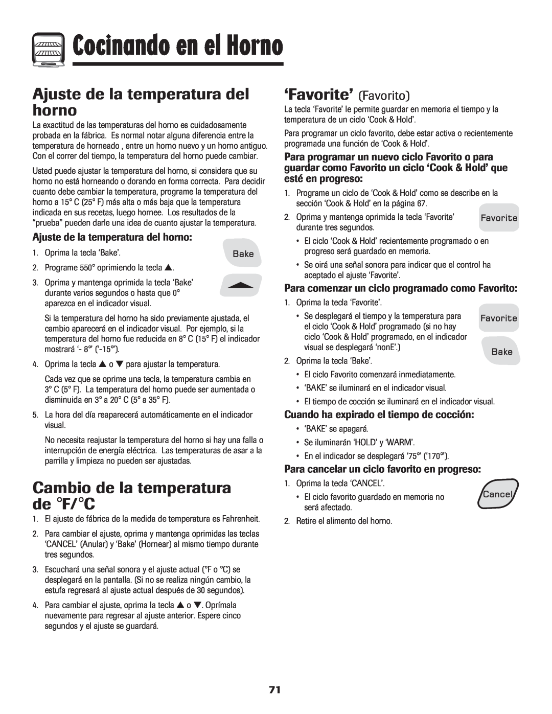 Amana 8113P454-60 warranty Ajuste de la temperatura del horno, ‘Favorite’ Favorito, Cambio de la temperatura de F/C 