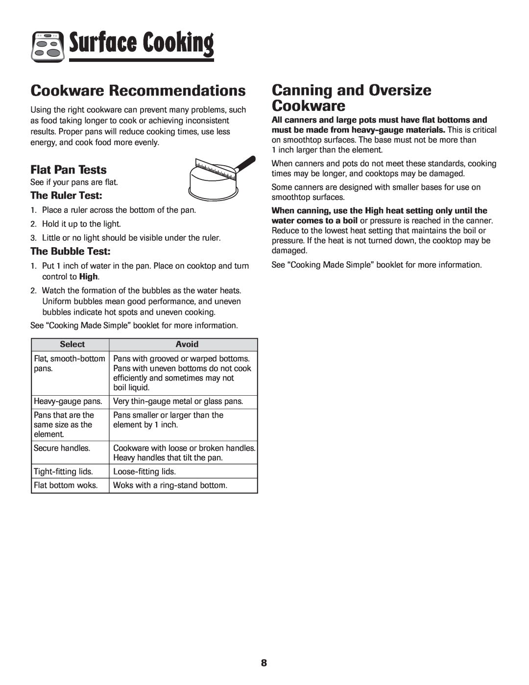 Amana 8113P454-60 Cookware Recommendations, Canning and Oversize Cookware, Flat Pan Tests, The Ruler Test, The Bubble Test 