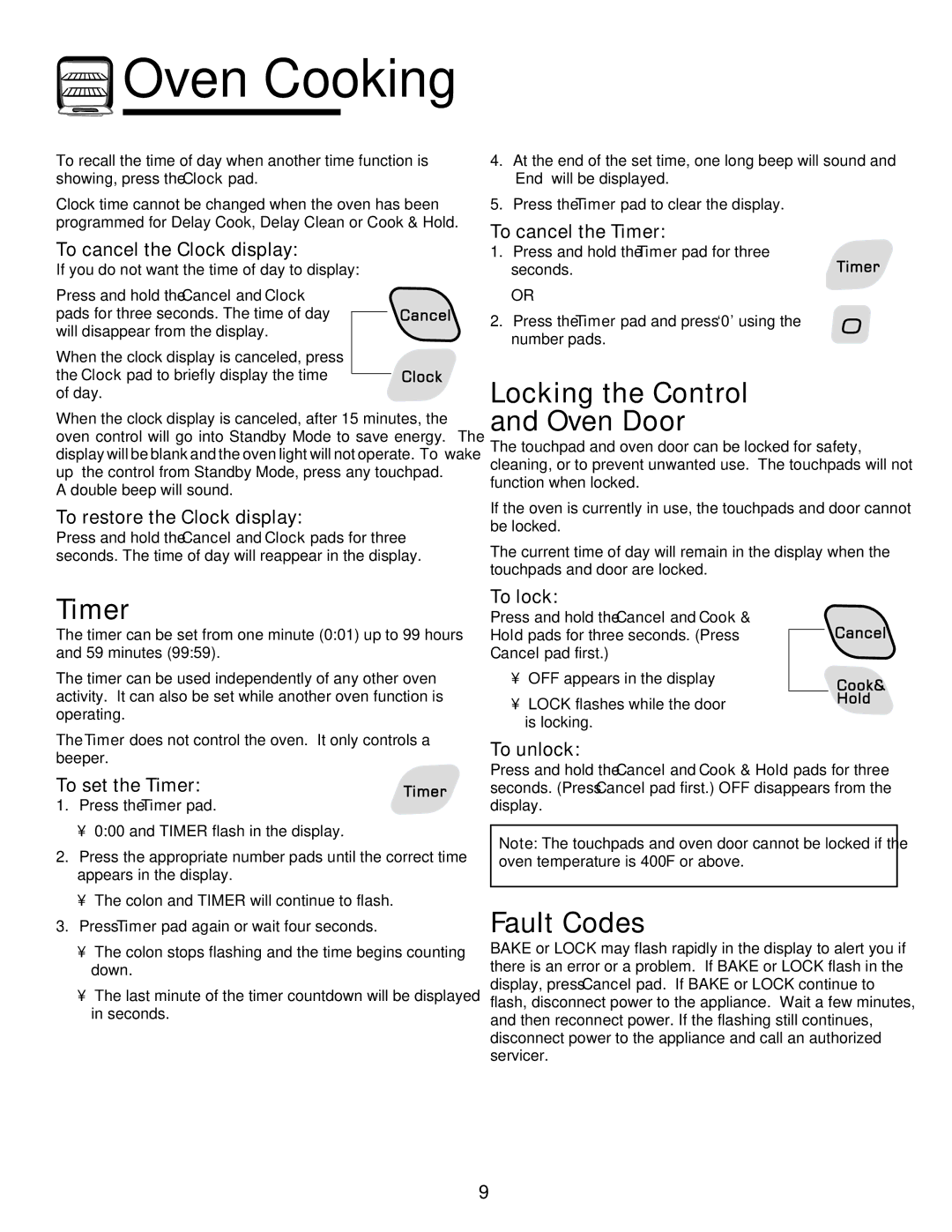 Amana 8113P487-60 important safety instructions Timer, Locking the Control Oven Door, Fault Codes 