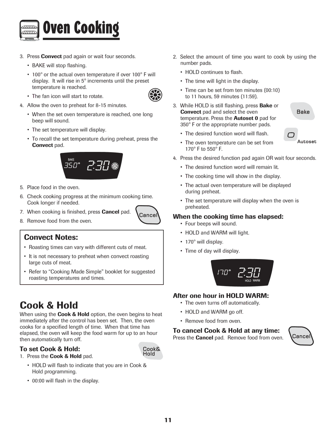 Amana 8113P487-60 important safety instructions Cook & Hold, Convect Notes 