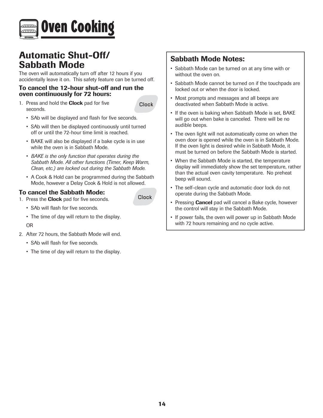 Amana 8113P487-60 Automatic Shut-Off Sabbath Mode, Sabbath Mode Notes, To cancel the Sabbath Mode 