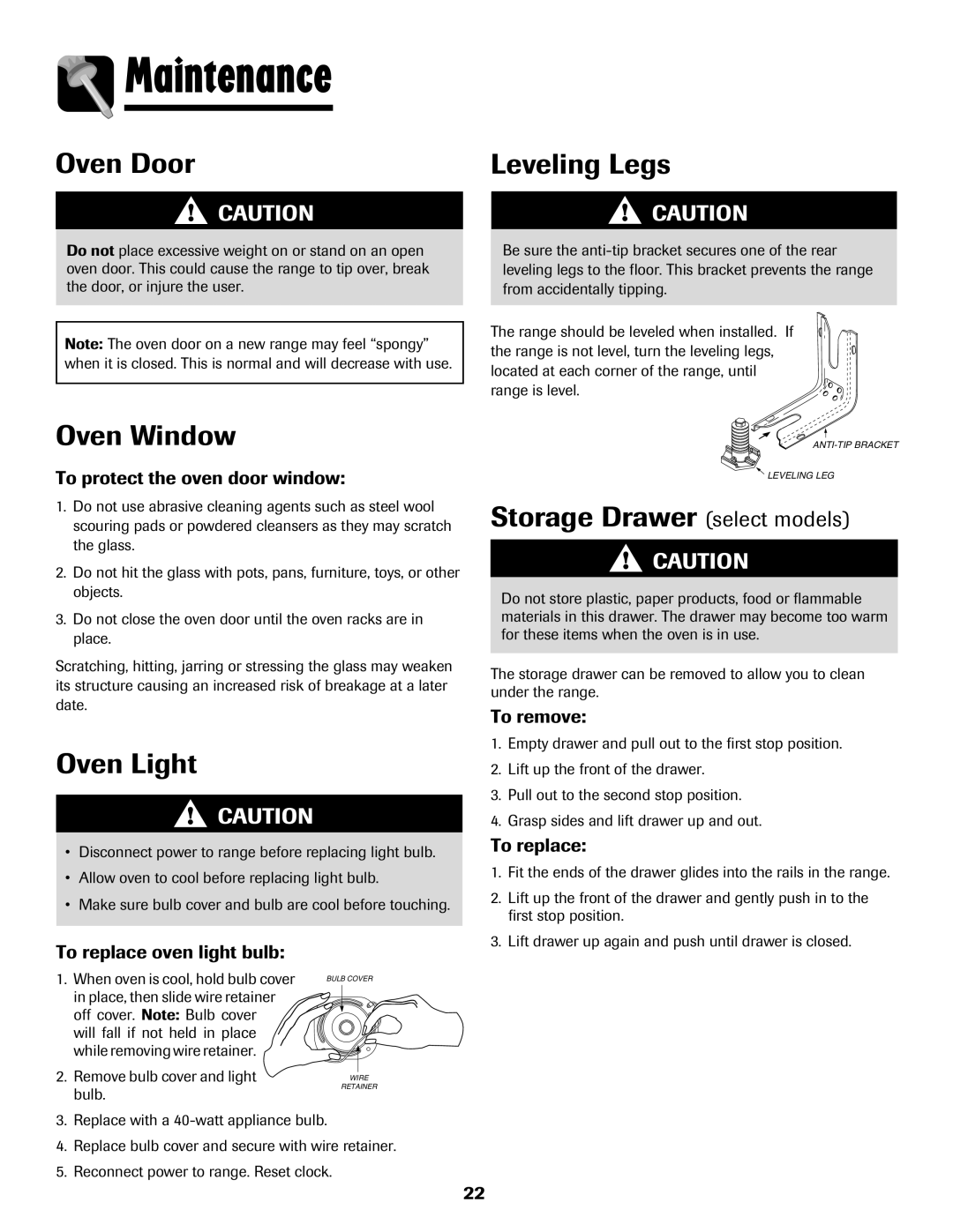 Amana 8113P487-60 important safety instructions Maintenance, Oven Window, Leveling Legs, Storage Drawer select models 