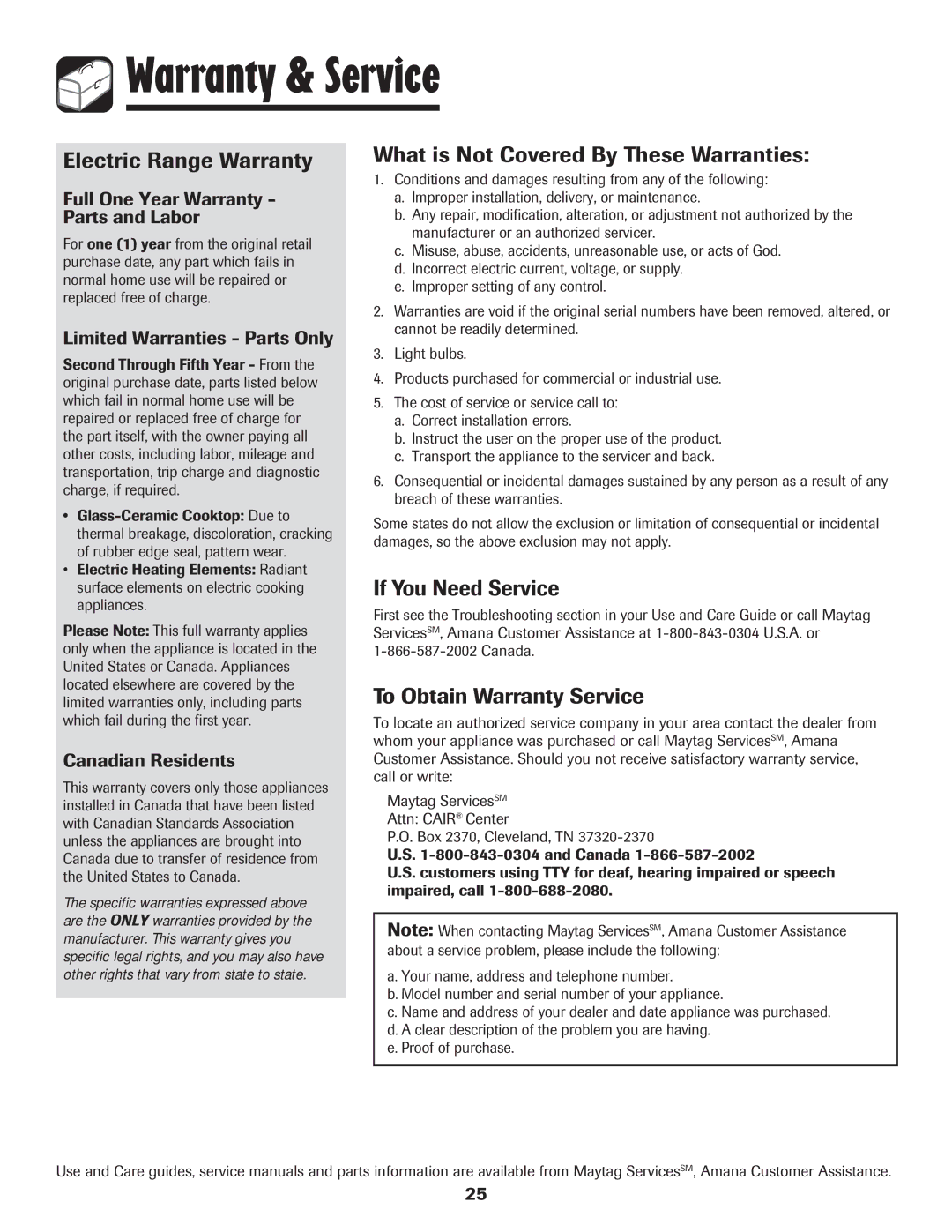 Amana 8113P487-60 Warranty & Service, Electric Range Warranty, What is Not Covered By These Warranties 