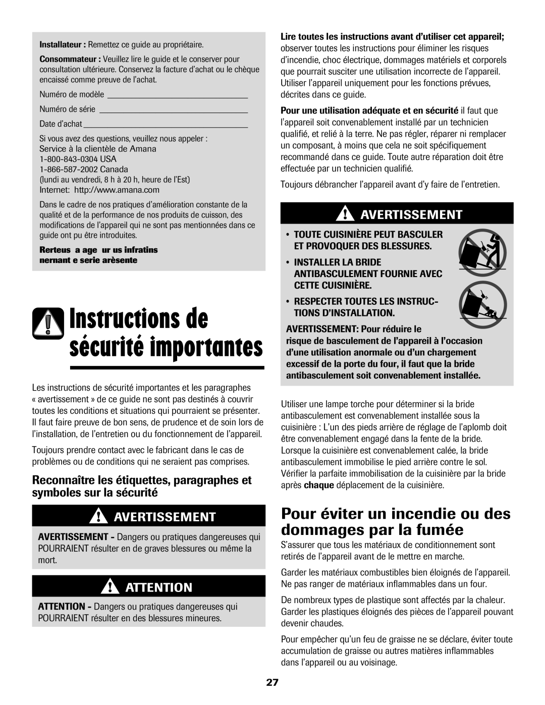 Amana 8113P487-60 important safety instructions Pour éviter un incendie ou des dommages par la fumée 