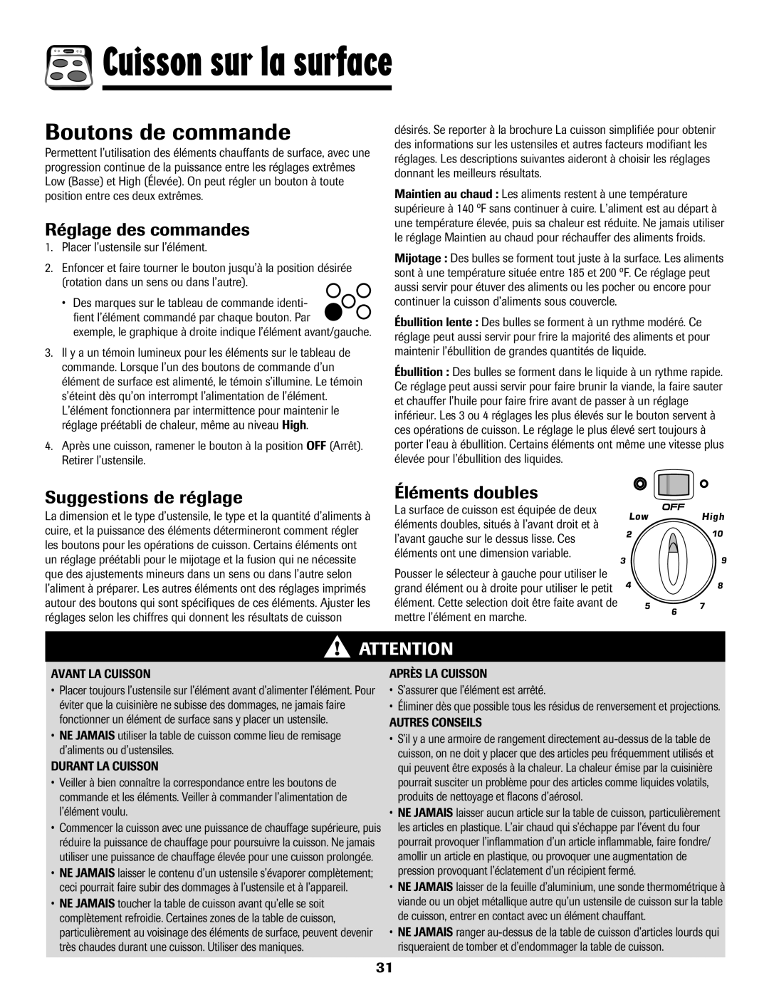 Amana 8113P487-60 Cuisson sur la surface, Boutons de commande, Réglage des commandes, Suggestions de réglage 