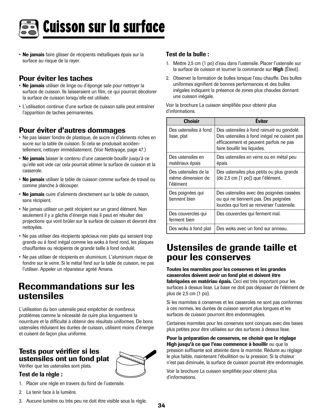 Amana 8113P487-60 Recommandations sur les ustensiles, Ustensiles de grande taille et pour les conserves 