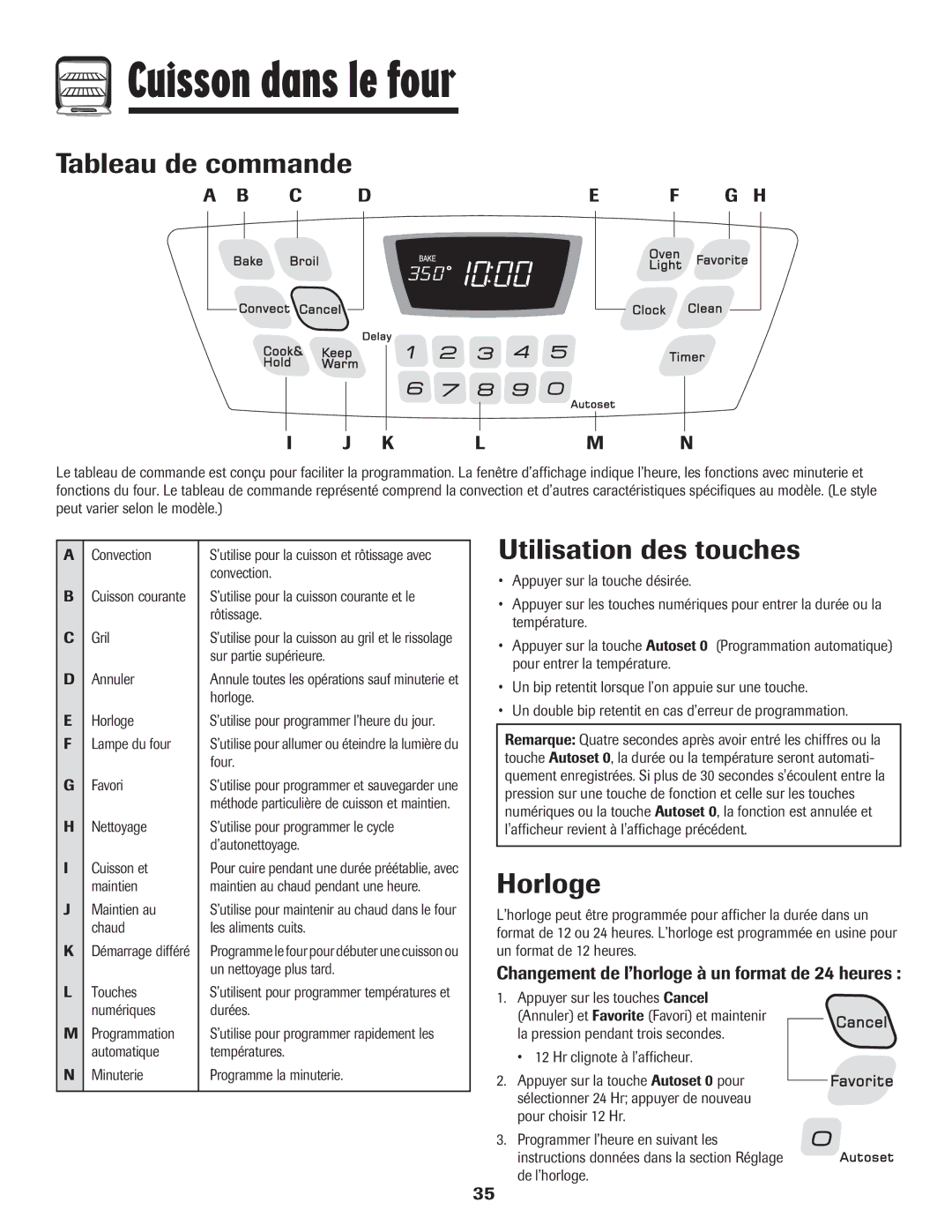 Amana 8113P487-60 important safety instructions Cuisson dans le four, Tableau de commande, Utilisation des touches, Horloge 