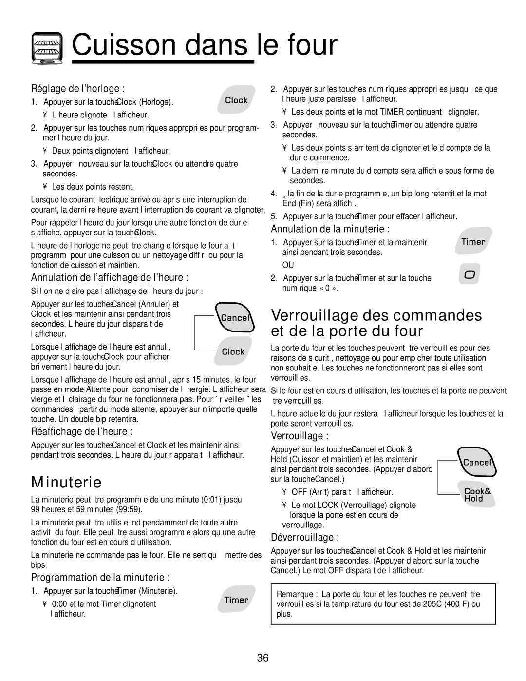 Amana 8113P487-60 important safety instructions Minuterie, Verrouillage des commandes et de la porte du four 