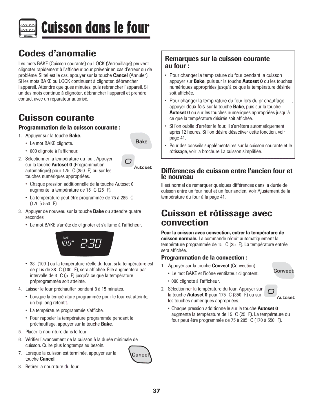 Amana 8113P487-60 important safety instructions Codes d’anomalie, Cuisson courante, Cuisson et rôtissage avec convection 