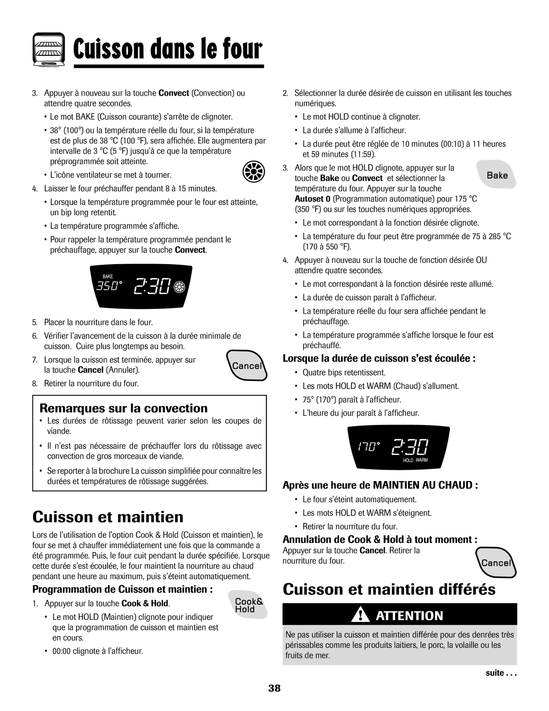 Amana 8113P487-60 important safety instructions Cuisson et maintien différés, Remarques sur la convection 