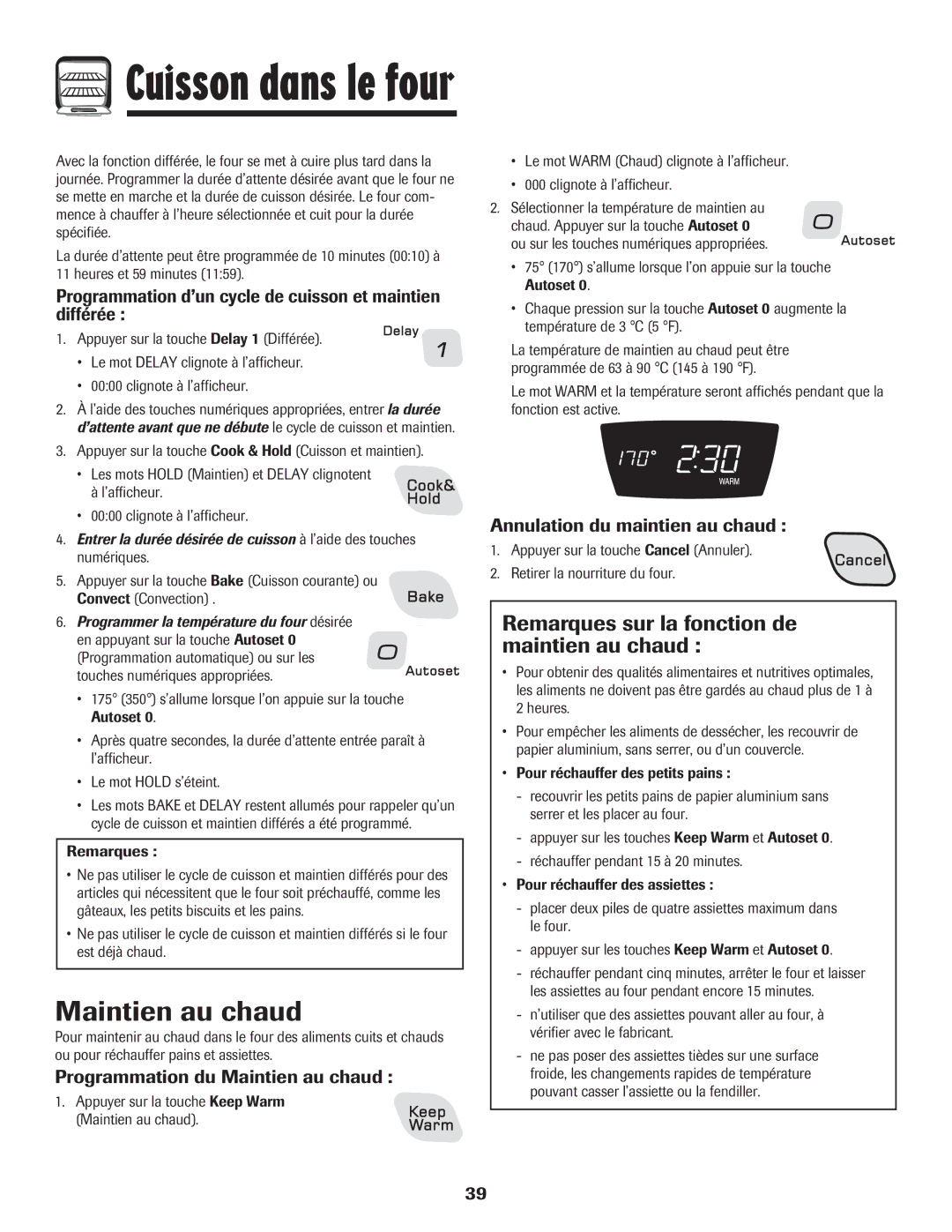 Amana 8113P487-60 Remarques sur la fonction de maintien au chaud, Programmation du Maintien au chaud 