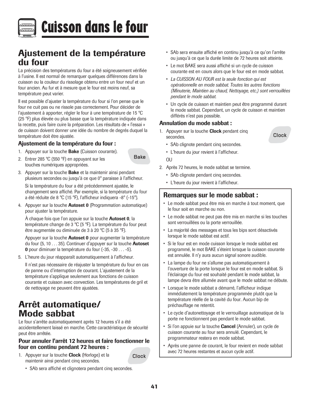 Amana 8113P487-60 Ajustement de la température du four, Arrêt automatique Mode sabbat, Remarques sur le mode sabbat 