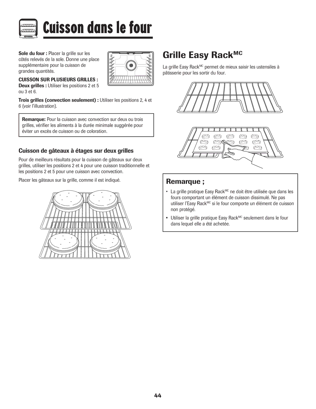 Amana 8113P487-60 important safety instructions Grille Easy RackMC, Remarque, Cuisson de gâteaux à étages sur deux grilles 