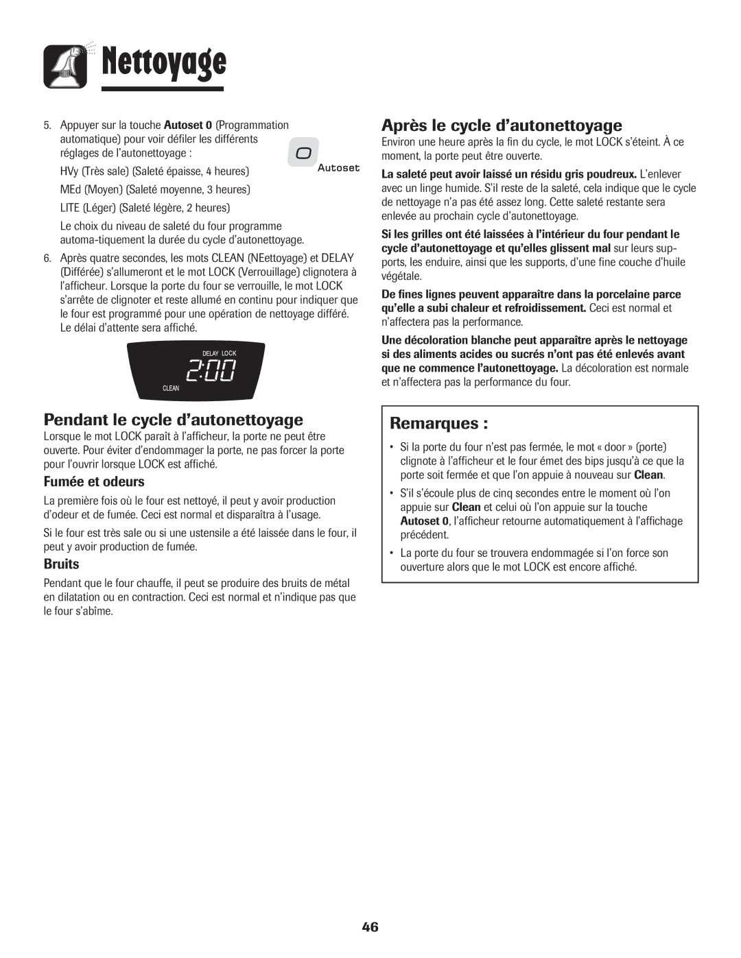 Amana 8113P487-60 Après le cycle d’autonettoyage, Pendant le cycle d’autonettoyage, Remarques, Fumée et odeurs, Bruits 