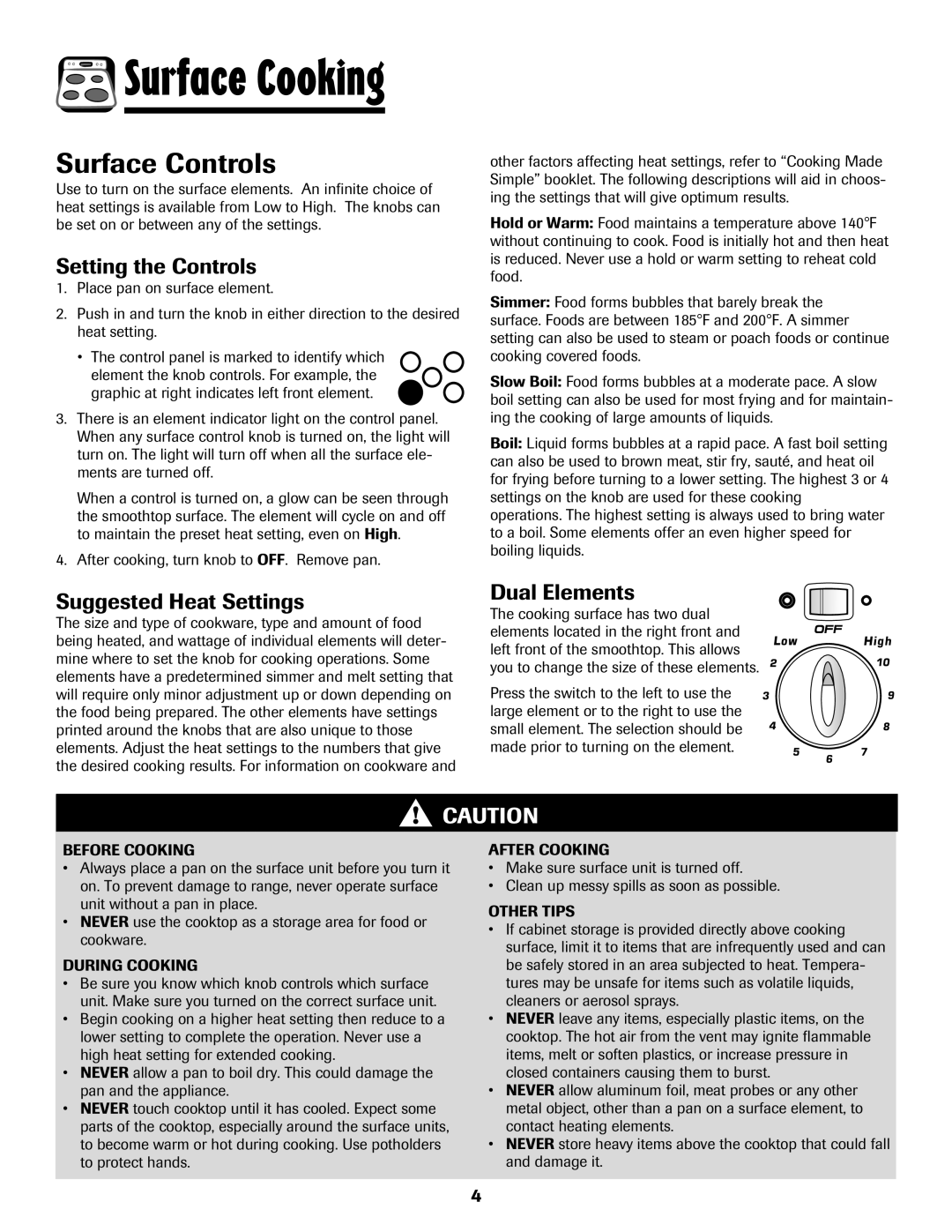 Amana 8113P487-60 Surface Controls, Setting the Controls, Suggested Heat Settings, Dual Elements 