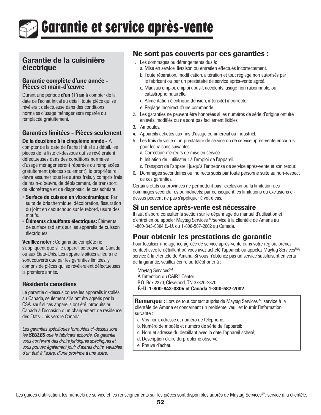 Amana 8113P487-60 important safety instructions Garantie et service après-vente, Garantie de la cuisinière électrique 