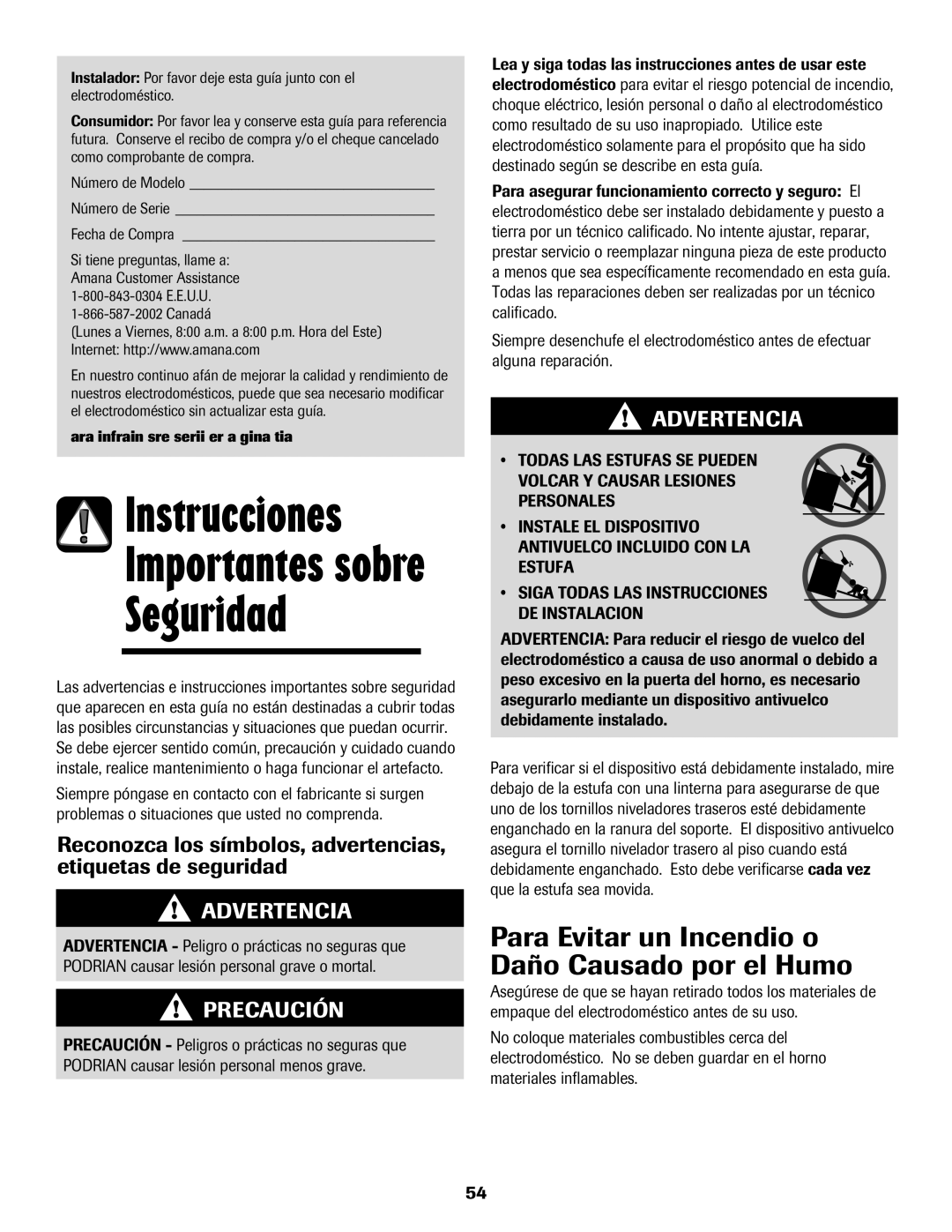 Amana 8113P487-60 important safety instructions Para Evitar un Incendio o Daño Causado por el Humo, Fecha de Compra, Canadá 