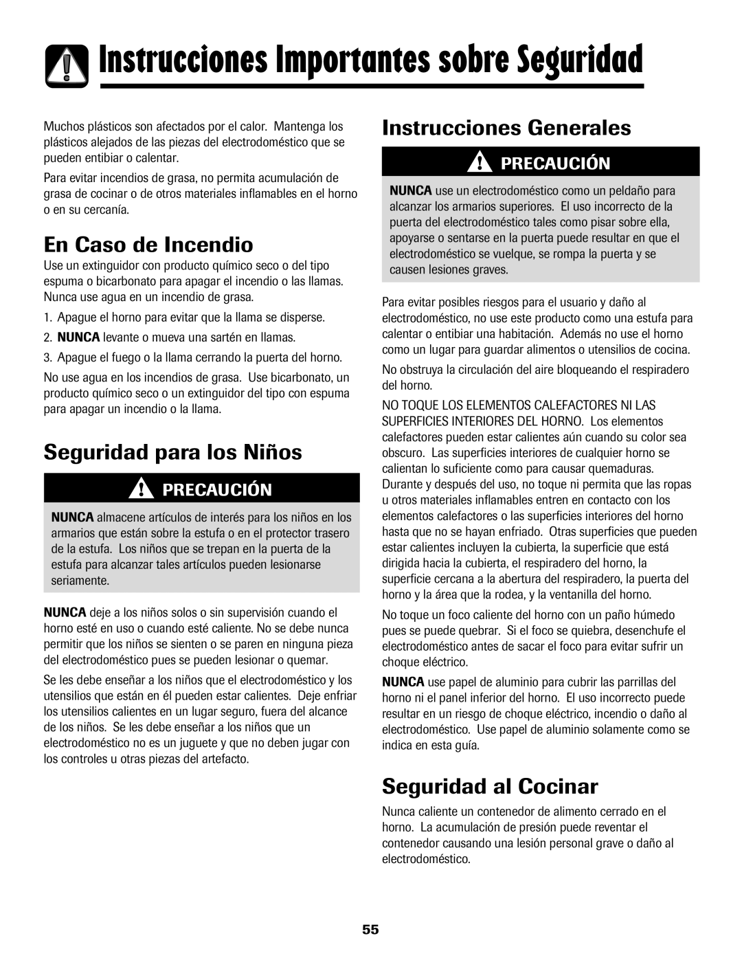 Amana 8113P487-60 En Caso de Incendio, Seguridad para los Niños, Instrucciones Generales, Seguridad al Cocinar 