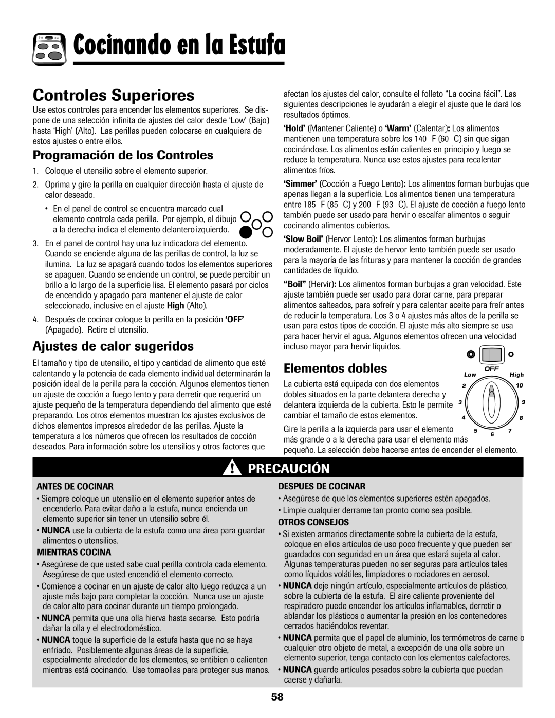 Amana 8113P487-60 Cocinando en la Estufa, Controles Superiores, Programación de los Controles, Ajustes de calor sugeridos 