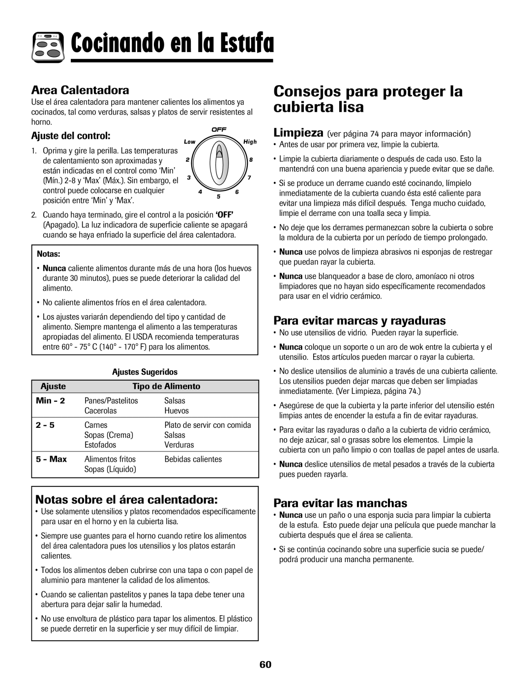 Amana 8113P487-60 Consejos para proteger la cubierta lisa, Area Calentadora, Para evitar marcas y rayaduras 