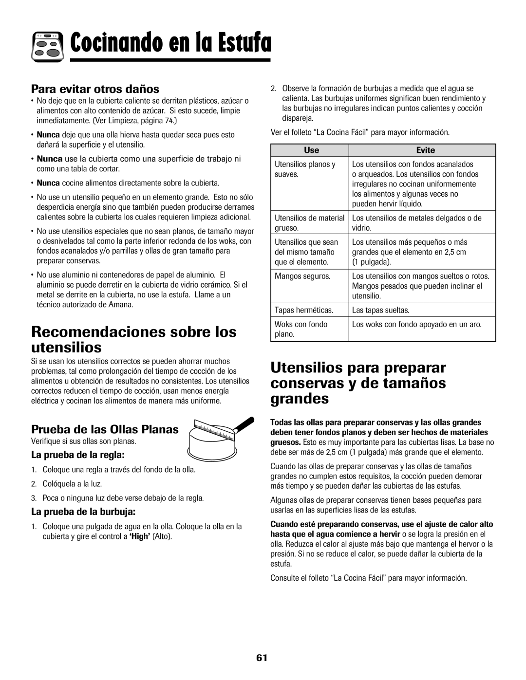 Amana 8113P487-60 Recomendaciones sobre los utensilios, Utensilios para preparar conservas y de tamaños grandes 