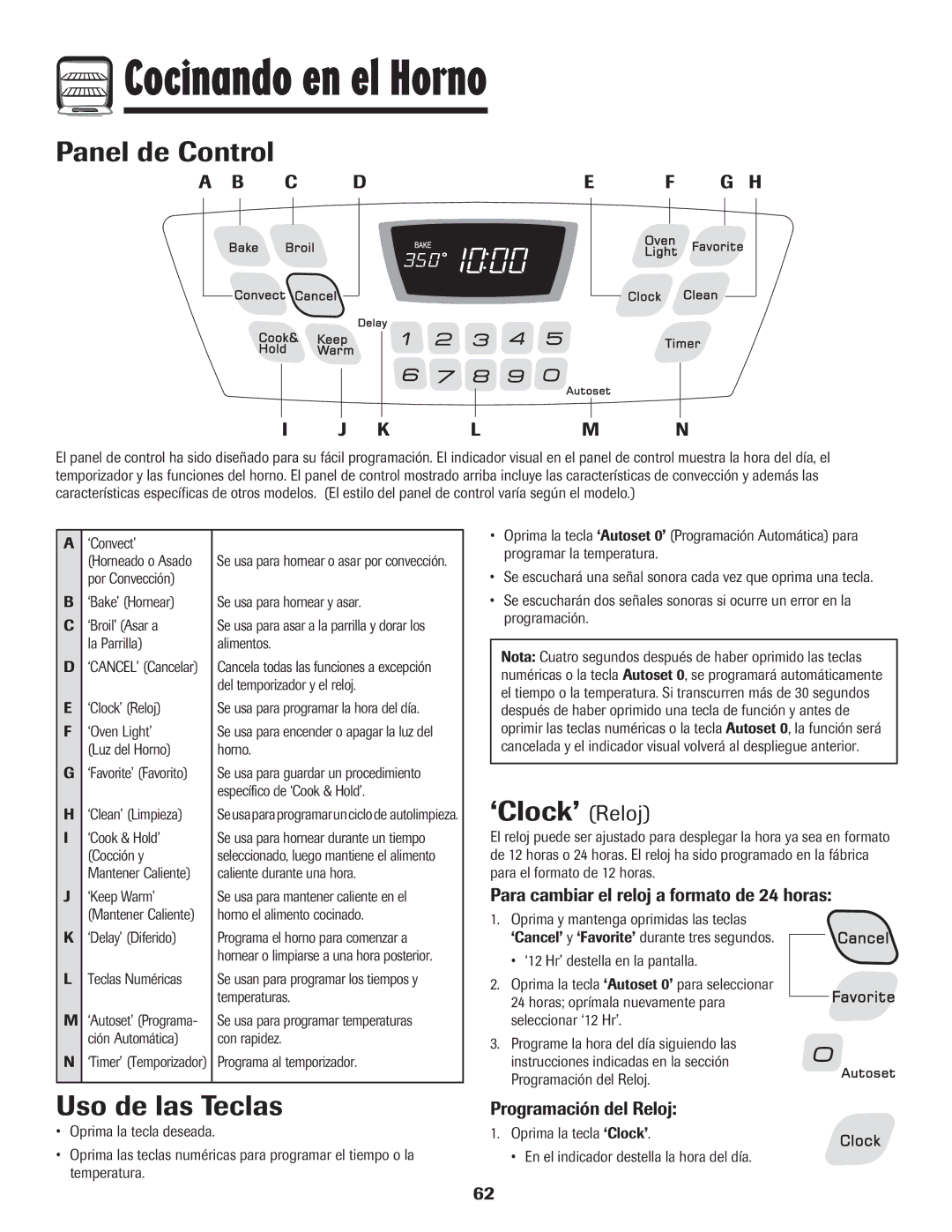 Amana 8113P487-60 important safety instructions Cocinando en el Horno, Panel de Control, ‘Clock’ Reloj, Uso de las Teclas 