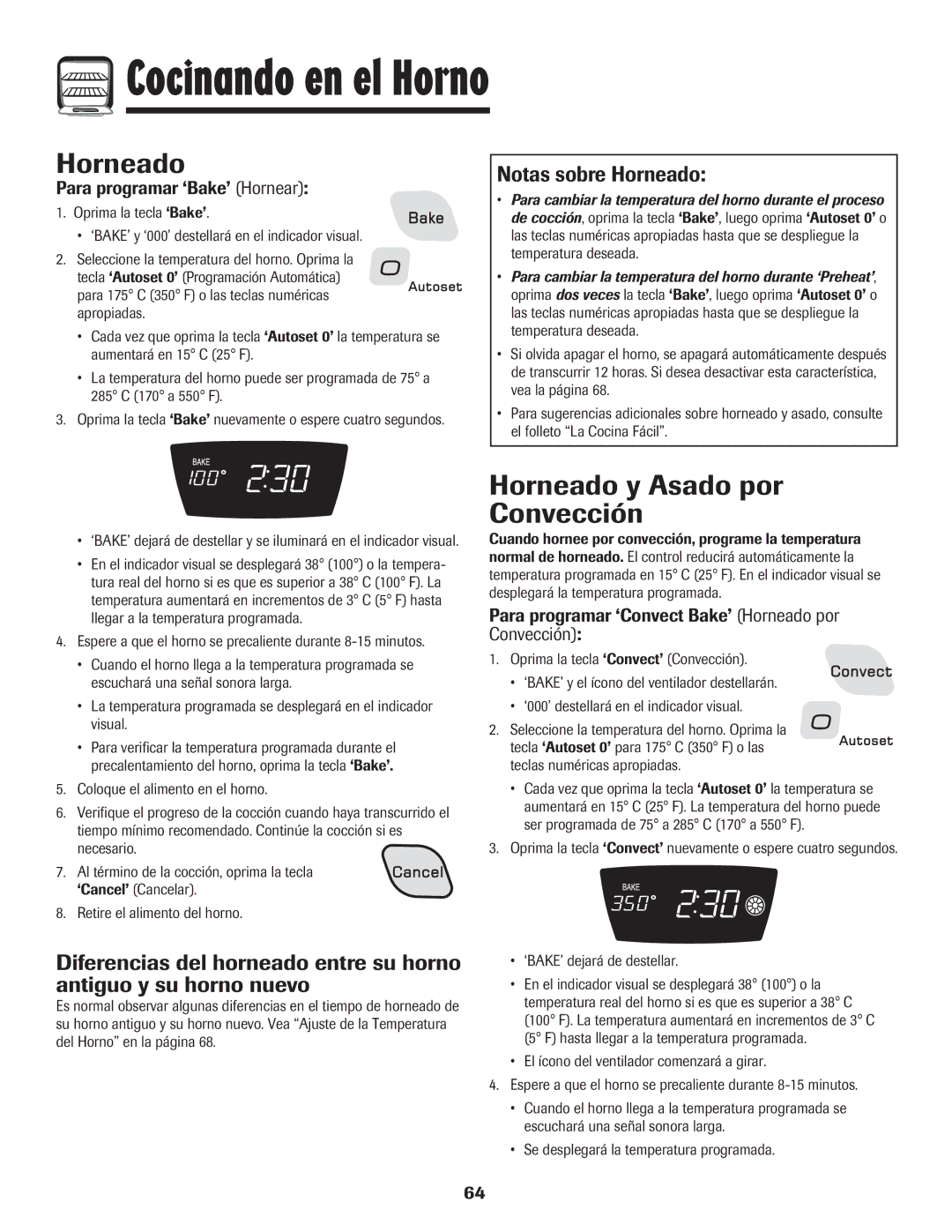 Amana 8113P487-60 Horneado y Asado por Convección, Notas sobre Horneado, Para programar ‘Bake’ Hornear 