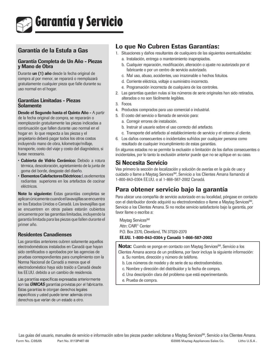 Amana 8113P487-60 Garantía y Servicio, Garantía de la Estufa a Gas, Lo que No Cubren Estas Garantías, Si Necesita Servicio 