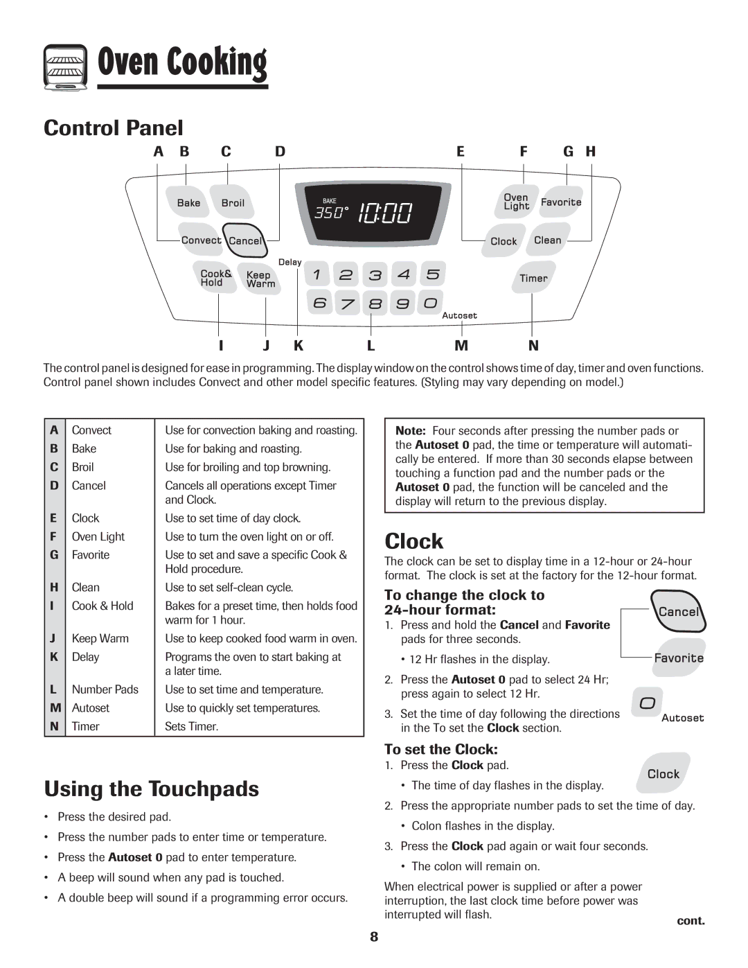 Amana 8113P487-60 important safety instructions Oven Cooking, Control Panel, Clock, Using the Touchpads, C De F G H K Lm N 