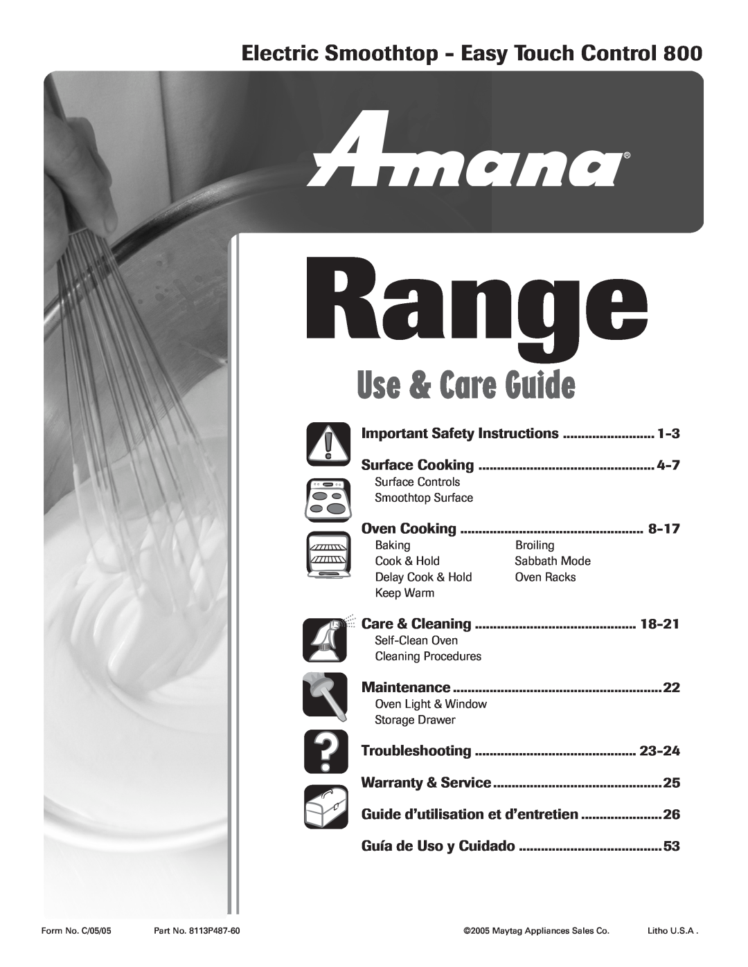 Amana 8113P487-60 important safety instructions Range, Use & Care Guide, Electric Smoothtop - Easy Touch Control 