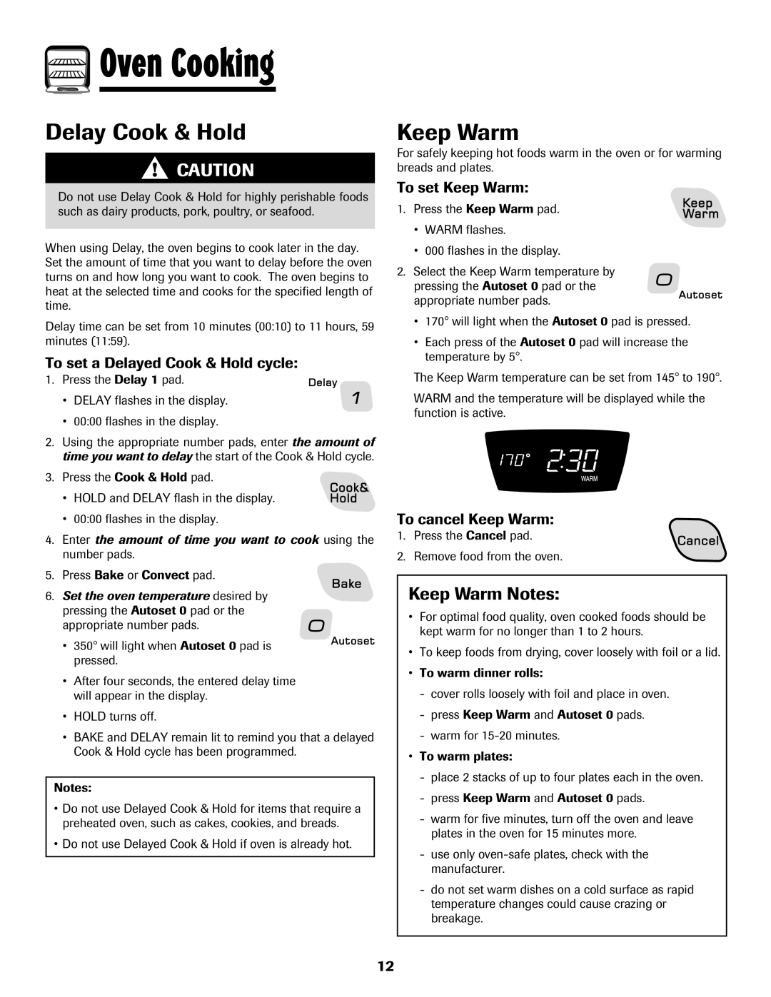 Amana 8113P487-60 Delay Cook & Hold, Keep Warm Notes, To set a Delayed Cook & Hold cycle, To set Keep Warm 