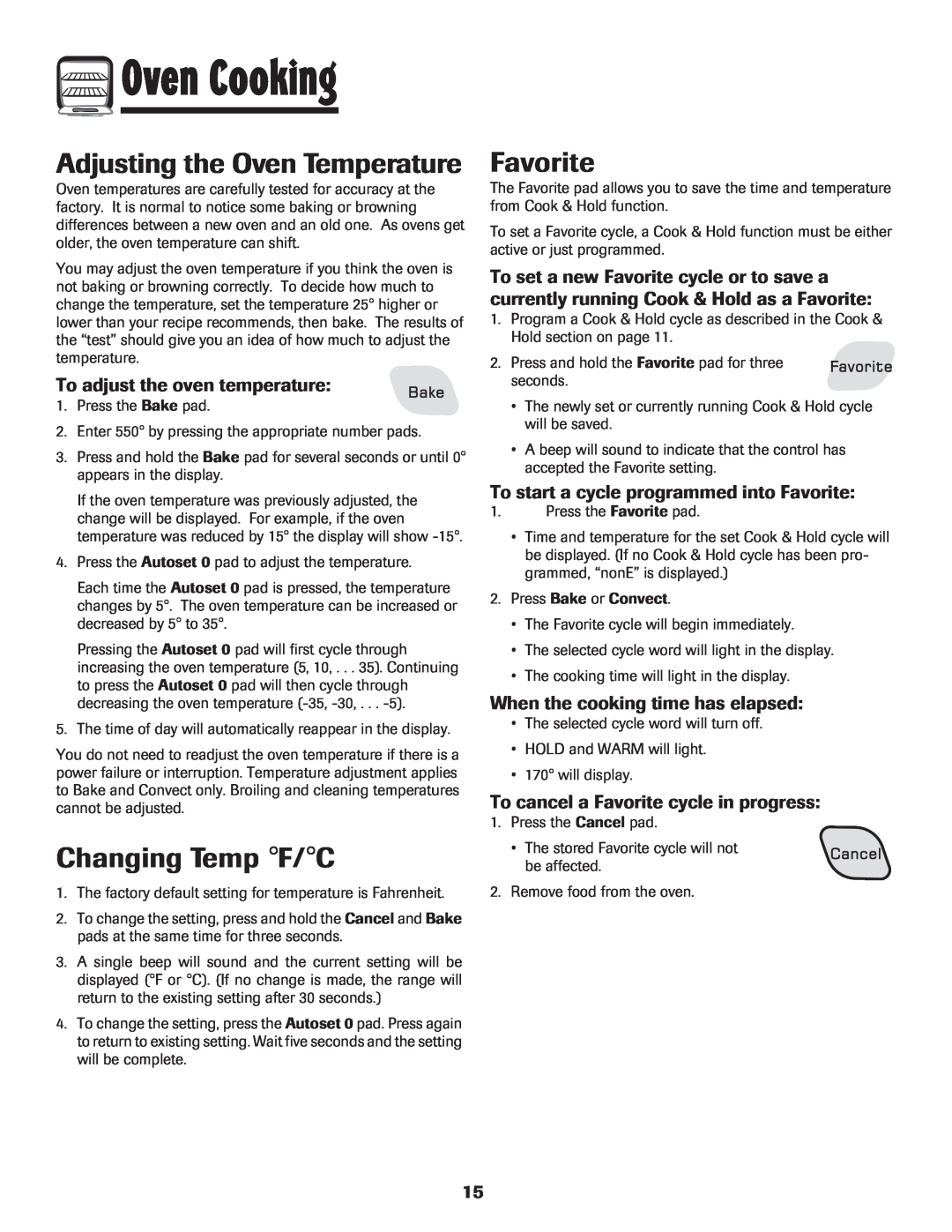 Amana 8113P487-60 Adjusting the Oven Temperature, Changing Temp F/C, Favorite, To adjust the oven temperature 